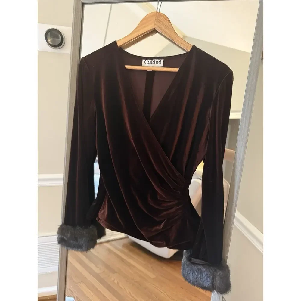 Cachet Velvet Wear Faux Wrap Top Brown Size 8